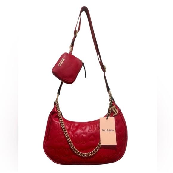 Juicy Couture Red Puff Quilted Half Moon Gold Chain Link Purse Coin Purse Set - Picture 7 of 11